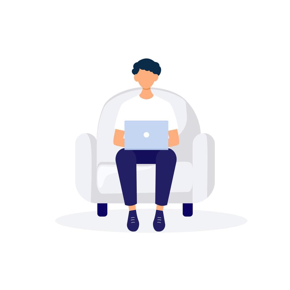 Boy working in laptop sitting on the grey chair. Work at home. Freelance young man vector