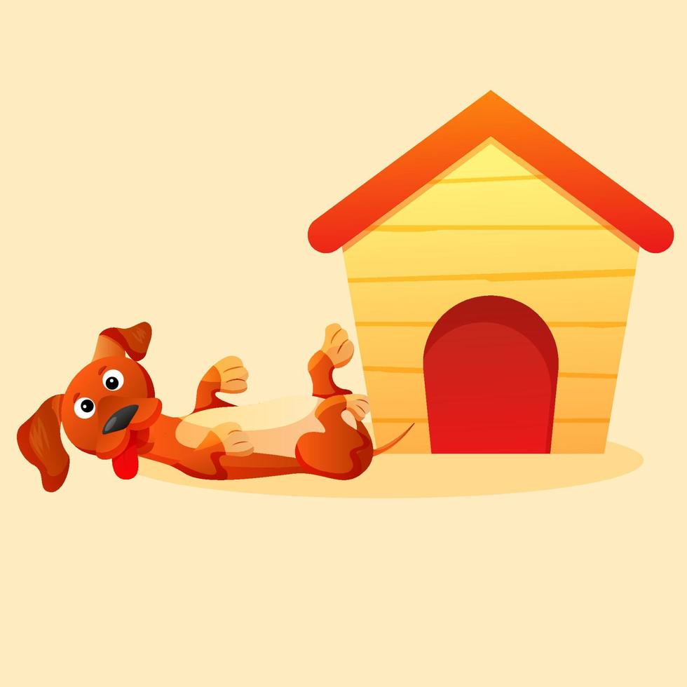 Cartoon dog house with funny lying dog behind. Cute dachshund vector