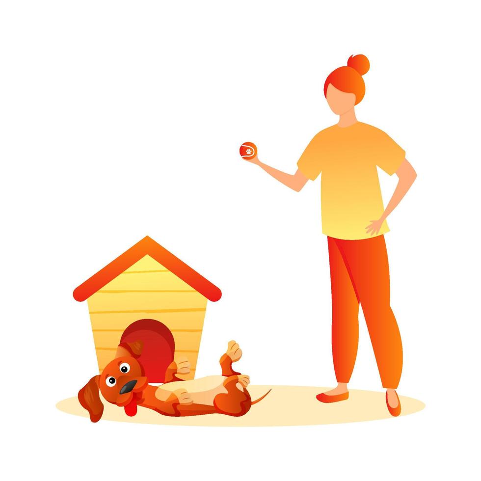 Young woman playing with ball with dog. Cartoon funny brown dachshund lie and play behind the dog house vector