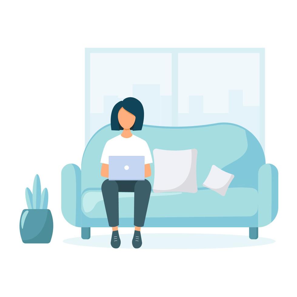 Modern young woman sitting on the sofa working in her laptop. Freelance concept of a cute girl studying. Can use for backgrounds, landing pages, web. vector