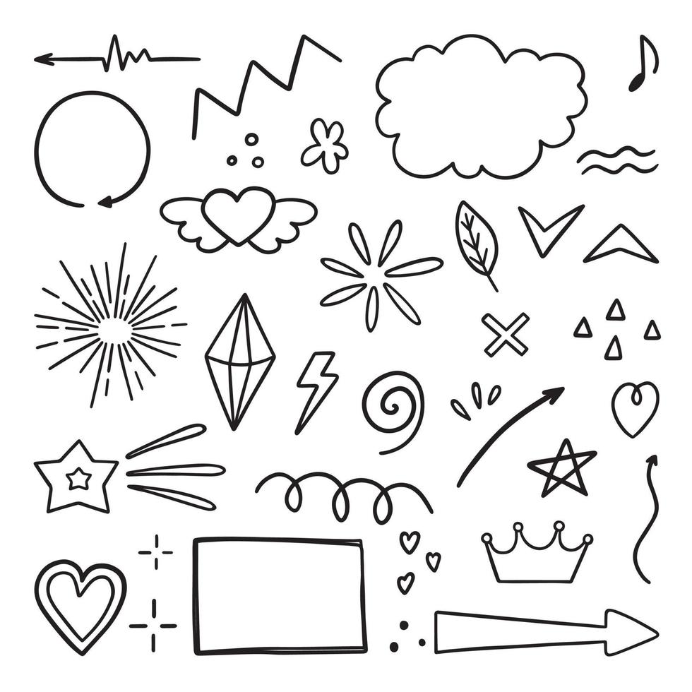 Hand drawn set of Abstract doodle elements. Arrows, heart, star, crown, signs and symbols in sketch style. Vector illustration isolated on white background