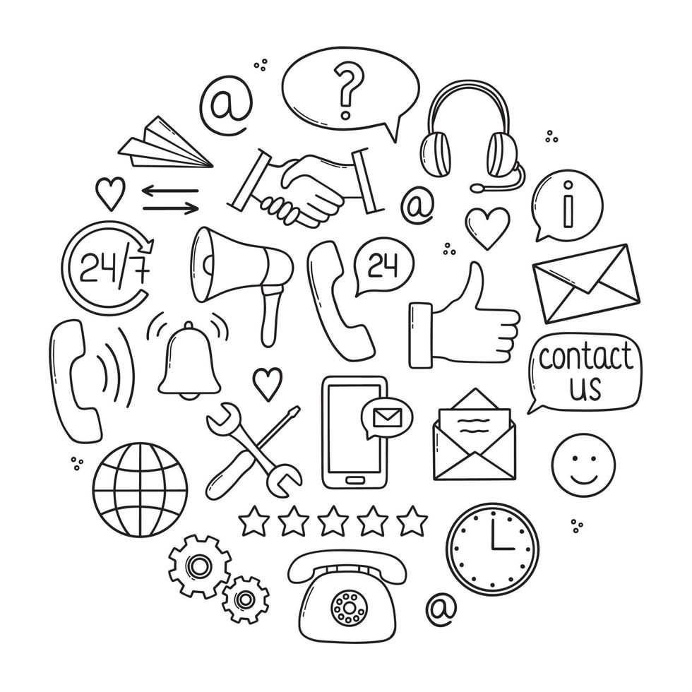 Hand drawn set of customer service doodle icons. Client support, call center in sketch style. Hotline symbols. Phone, clock, shaking hands, headphones. Vector illustration