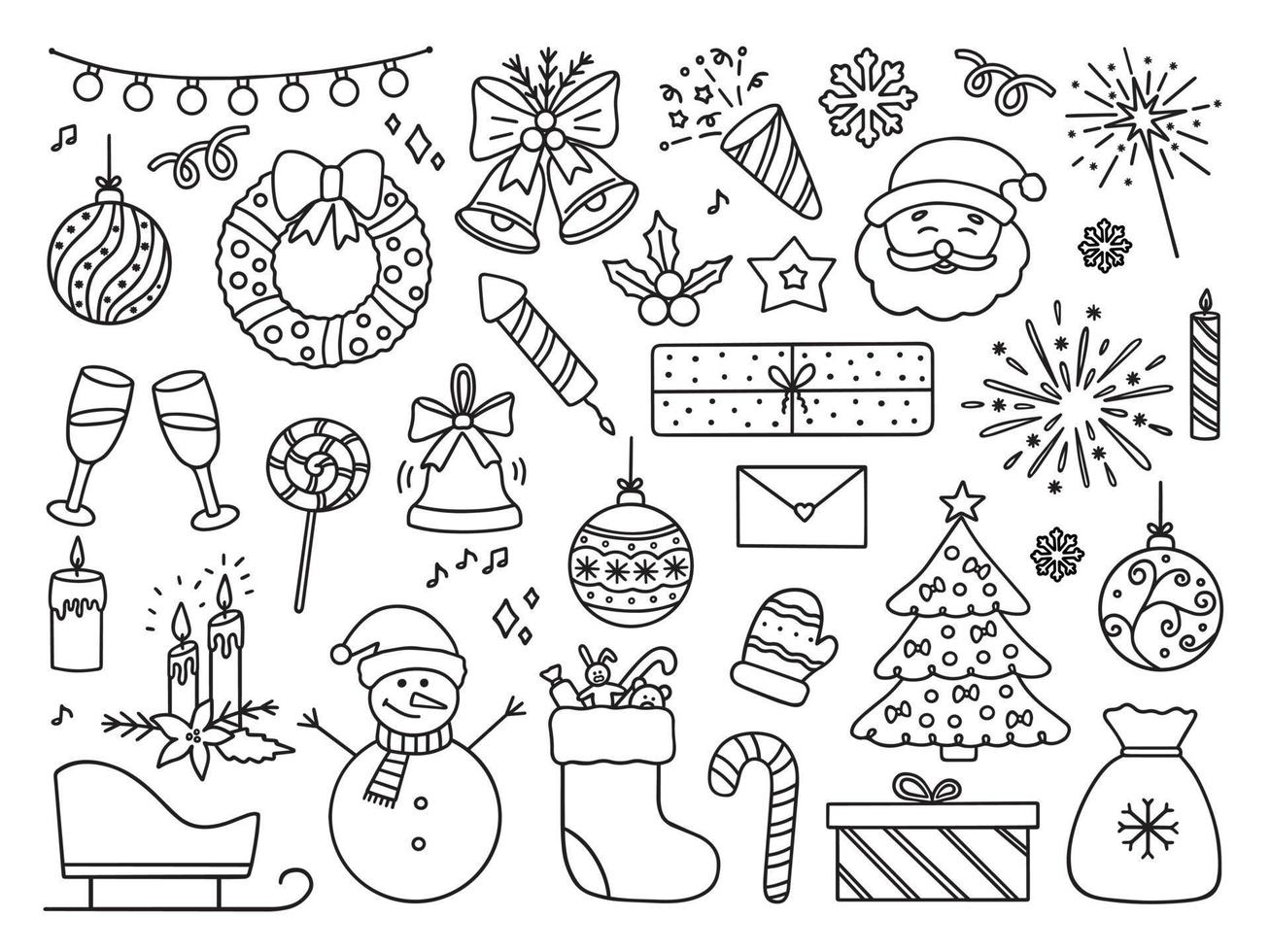 Hand drawn set of Christmas doodle icons. New year party in sketch style. Vector illustration isolated on white background