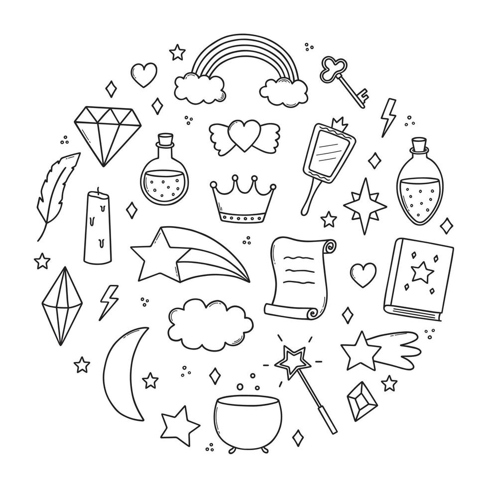 Hand drawn set of kids magic and fantasy doodle. Magic items. Rainbow, crystal, mirror, stars in sketch style. Vector illustration isolated on white background