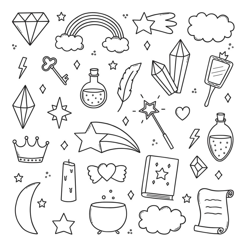 Hand drawn set of kids magic and fantasy doodle. Magic items. Rainbow, crystal, mirror, stars in sketch style. Vector illustration isolated on white background