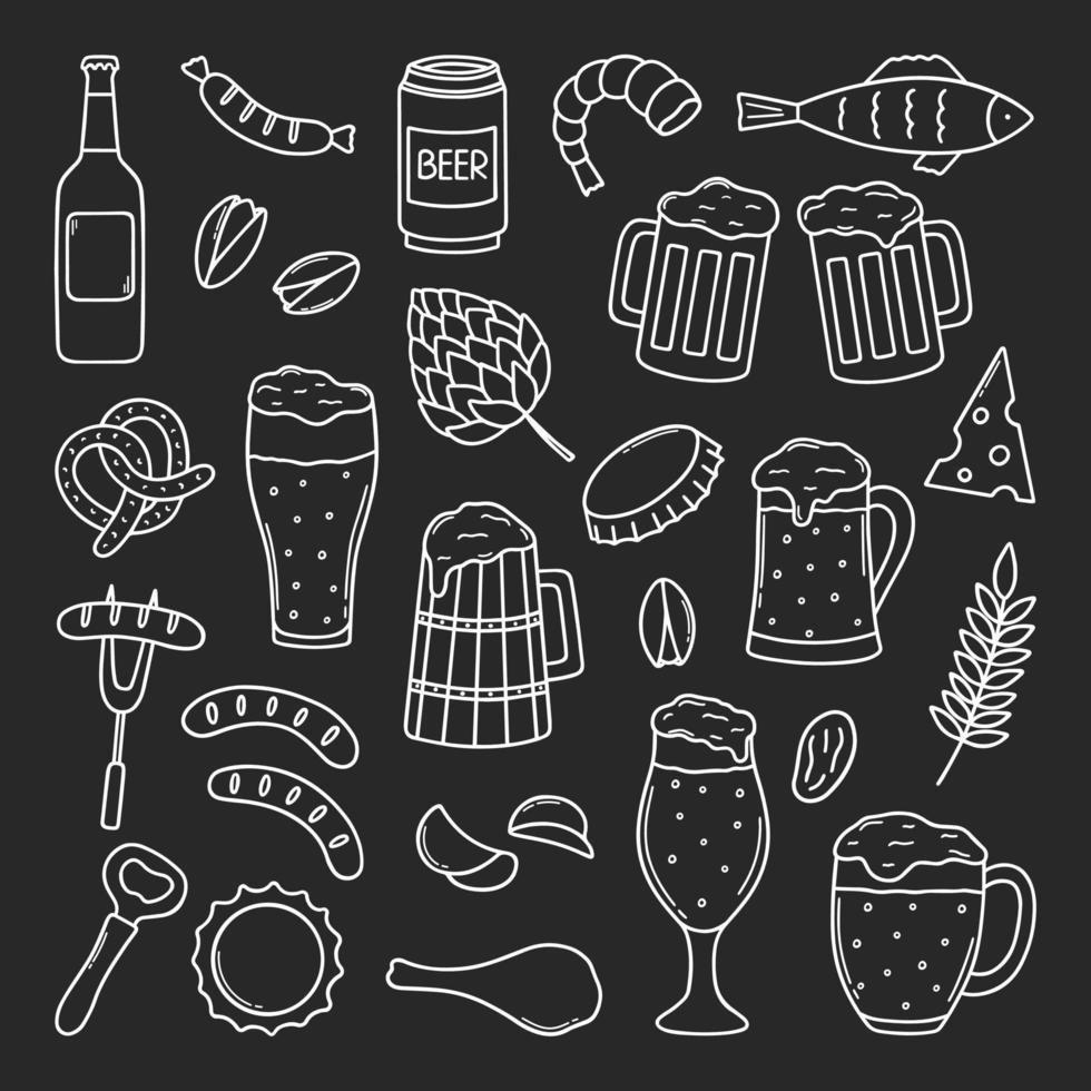 Hand drawn set of beer and snacks doodle. Brewery in sketch style. Vector illustration isolated on white background