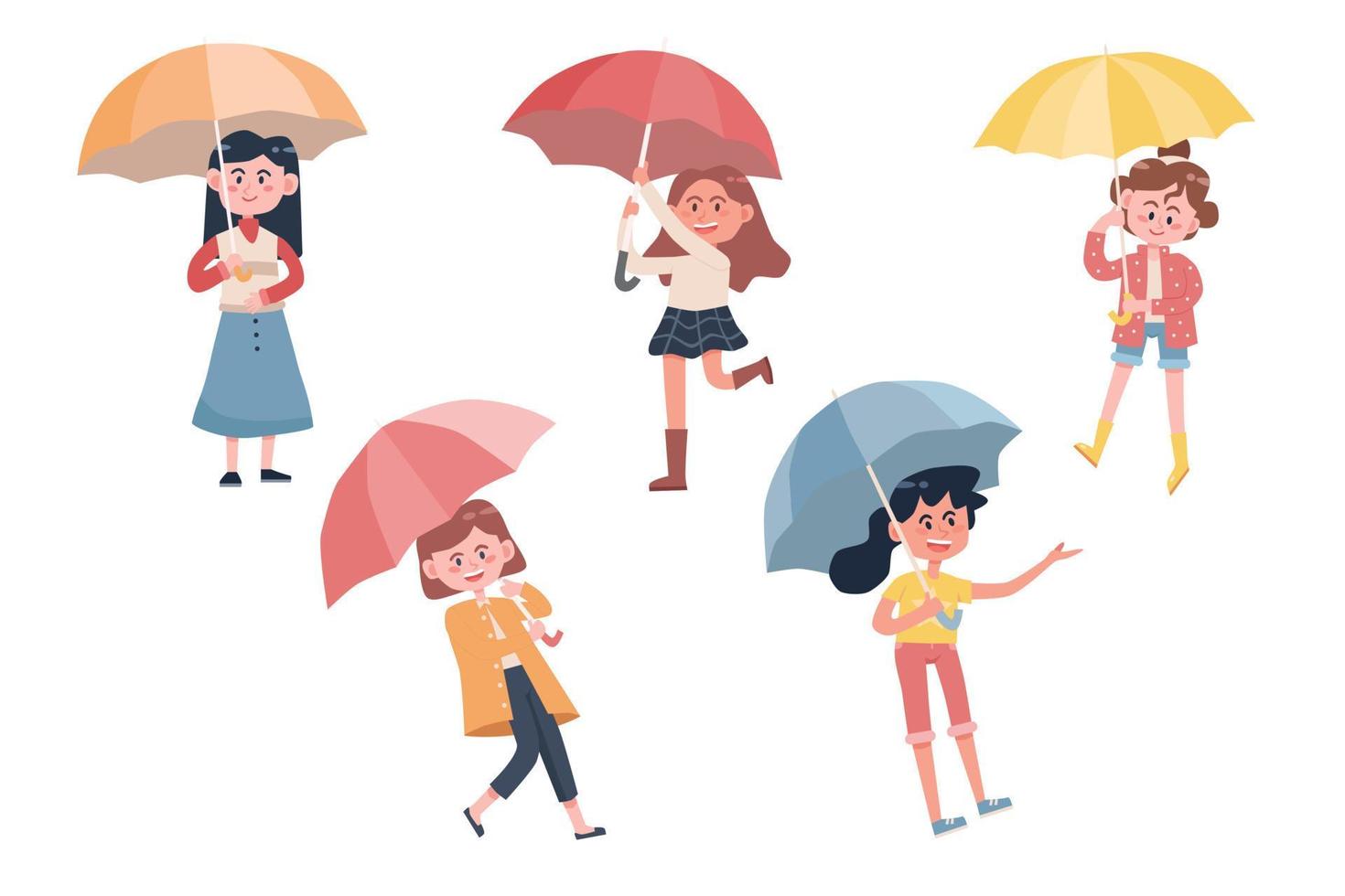 Set of girls holding umbrella vector