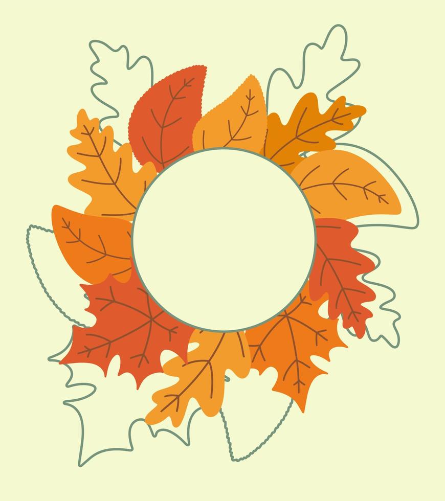 Multicolored autumn leaves with a round frame. Template for decoration. Vector illustration design.