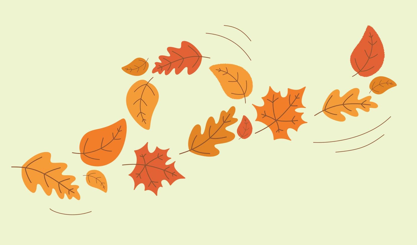 Fall of colorful autumn leaves. Yellowed oak and maple leaves swirl in the wind. Seasonal vector illustration. Template for decorative design.