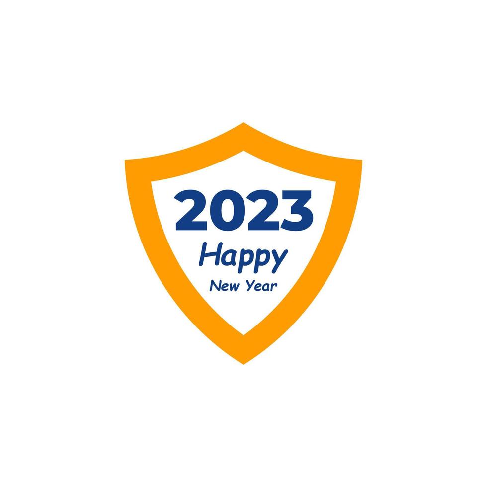 Happy New Year 2023 text with Shield design concept. Cover of business diary for 2023 with wishes. Brochure design template, card, banner. Vector illustration. Isolated on white background.