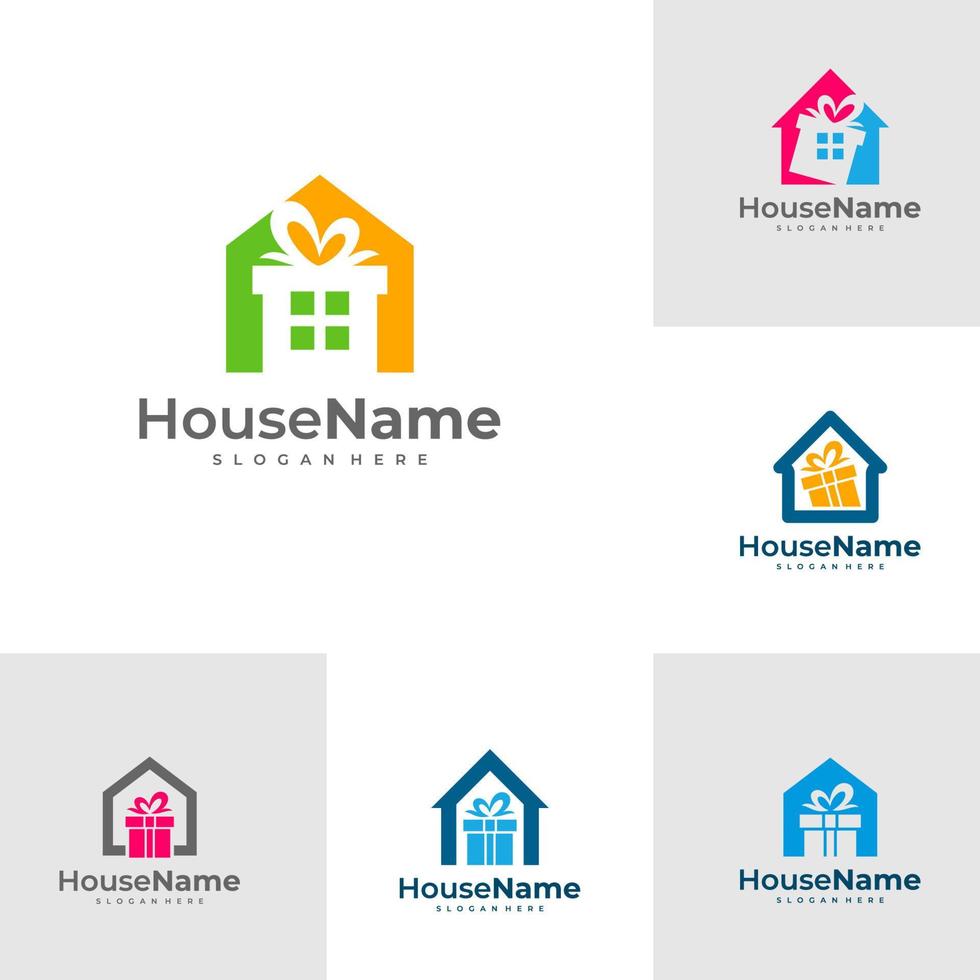 Set of Gift House logo design template. Gift logo concept vector. vector