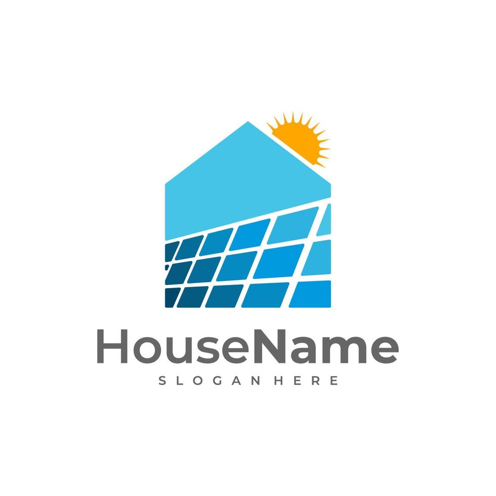 Solar power home logo icon template. Solar panel on roof with house and sun sign. Alternative energy company emblem. Renewable electricity business symbol. Vector illustration.
