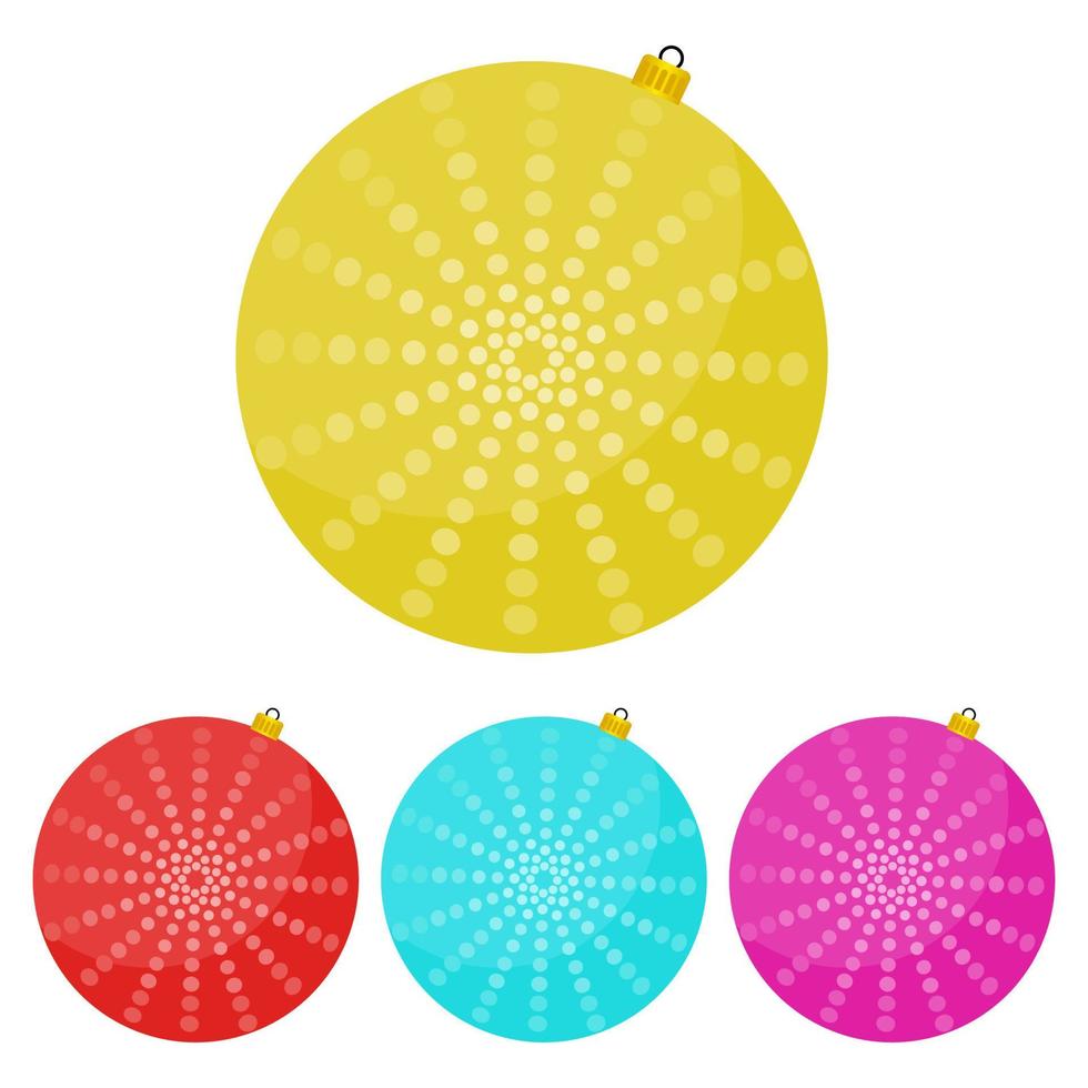 cuatro bolas de navidad multicolores en una ilustración de vector de fondo blanco.