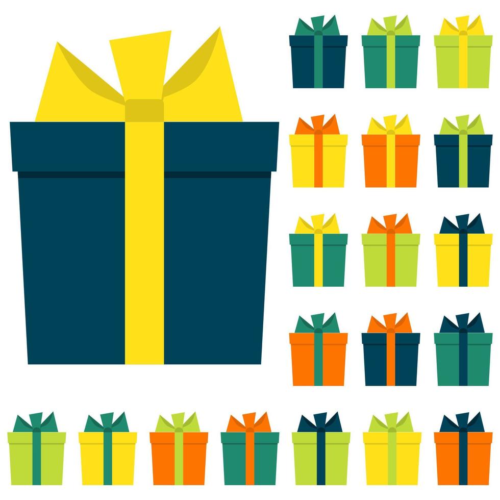 Collection of twenty multi colored gift boxes. Vector illustration