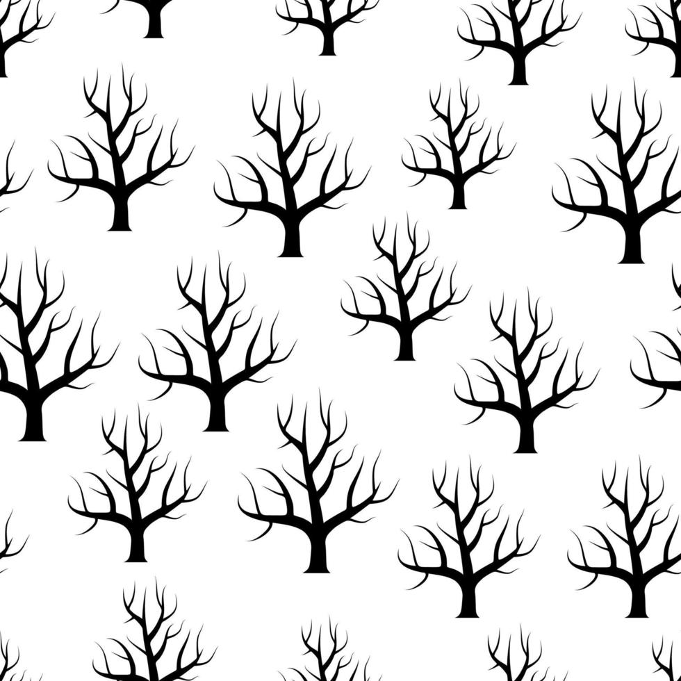 Seamless black and white curved trees without leaves backgrounds. Vector forest seamless texture.