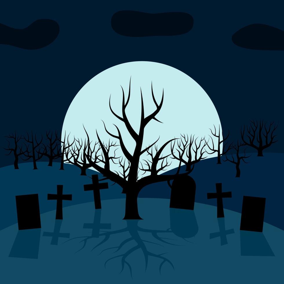 A lonely tree in the cemetery at night in front of the Moon. Vector background for Halloween