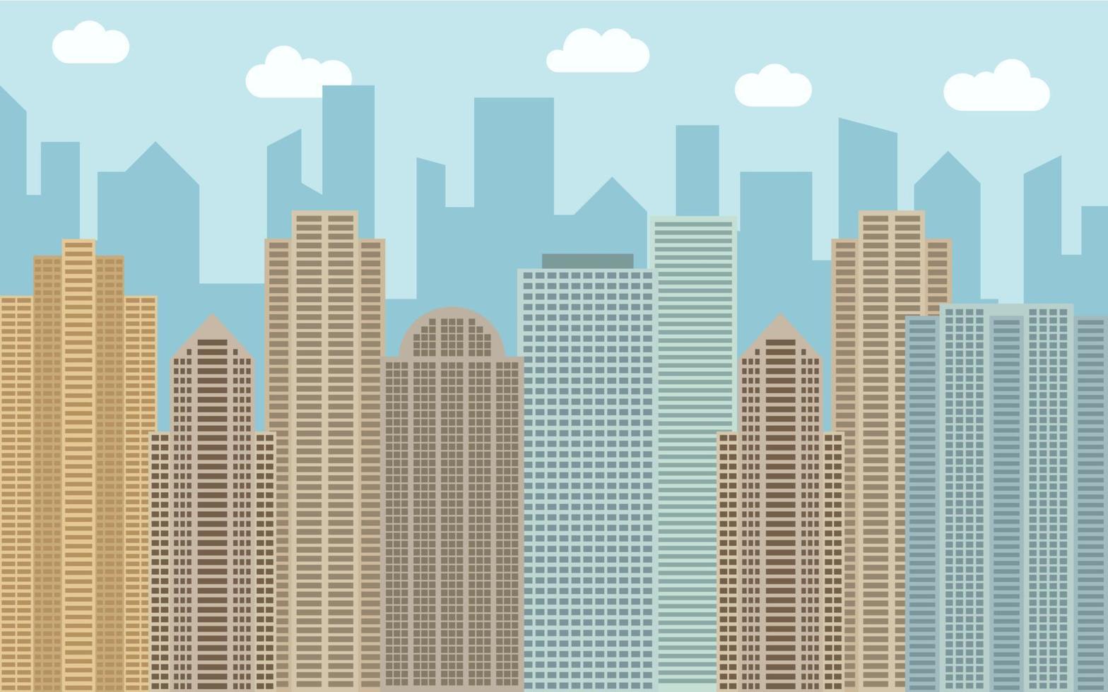 Vector urban landscape illustration. Street view with cityscape, skyscrapers and modern buildings at sunny day. City space in flat style background concept.
