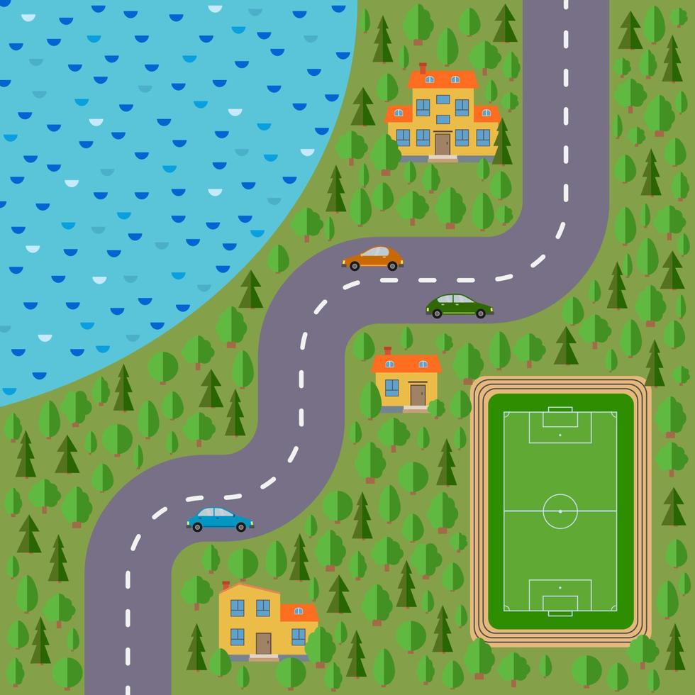 Plan of village. Landscape with the road, forest, lake, stadium, cars and houses. Vector illustration