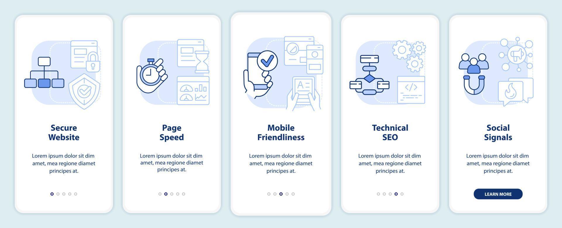 SEO ranking factors light blue onboarding mobile app screen. Walkthrough 5 steps editable graphic instructions with linear concepts. UI, UX, GUI template. vector