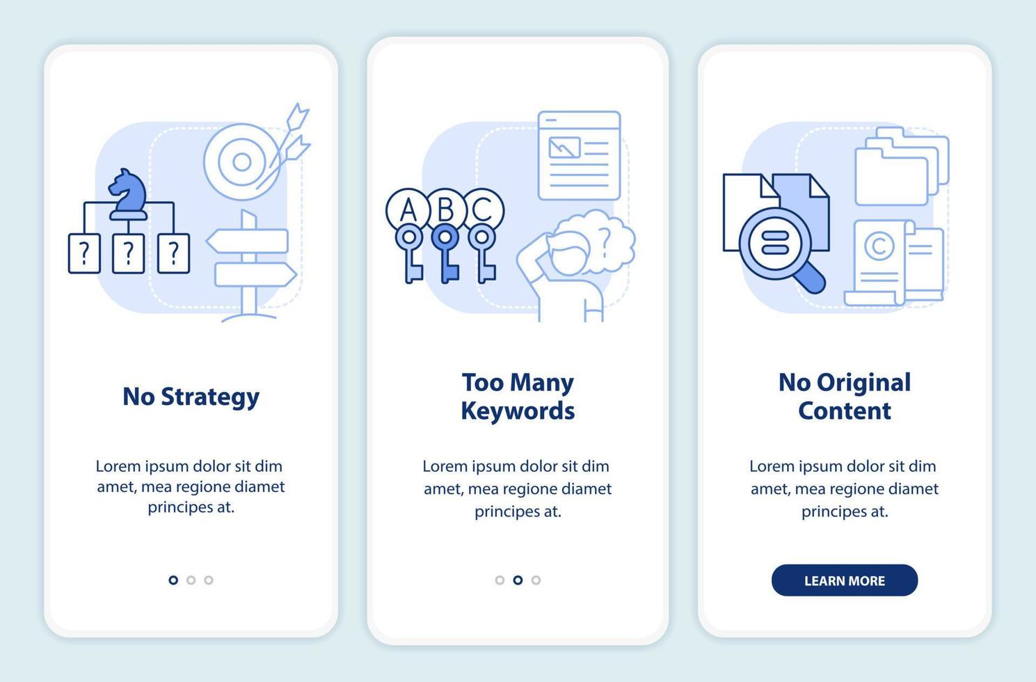 Search engine optimization mistakes light blue onboarding mobile app screen. Walkthrough 3 steps editable instructions with linear concepts. UI, UX, GUI template. vector