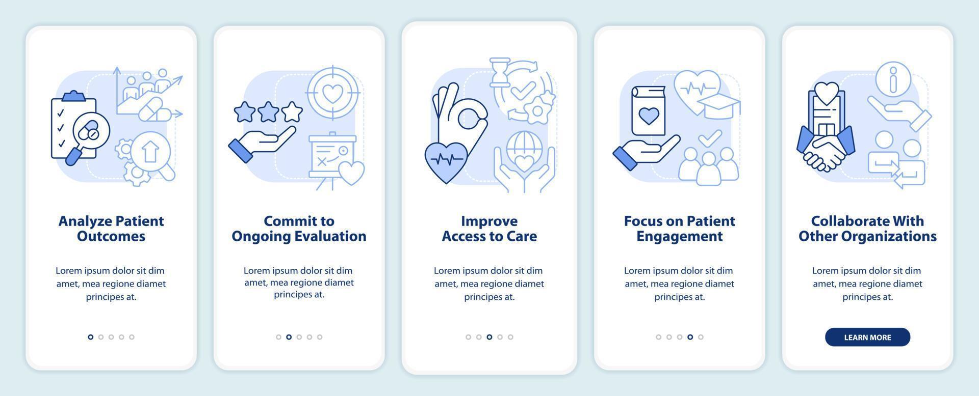 Advancing healthcare system light blue onboarding mobile app screen. Walkthrough 5 steps editable graphic instructions with linear concepts. UI, UX, GUI template. vector