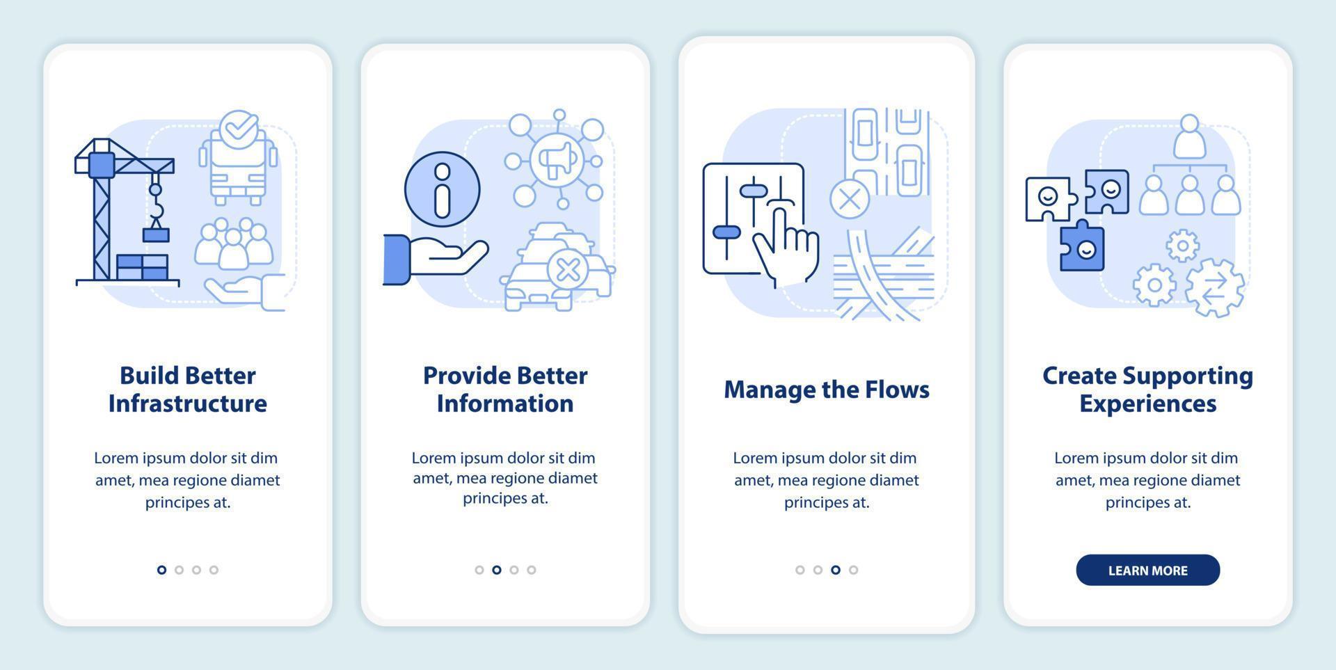 Reduction of overcrowding light blue onboarding mobile app screen. Walkthrough 4 steps editable graphic instructions with linear concepts. UI, UX, GUI template. vector