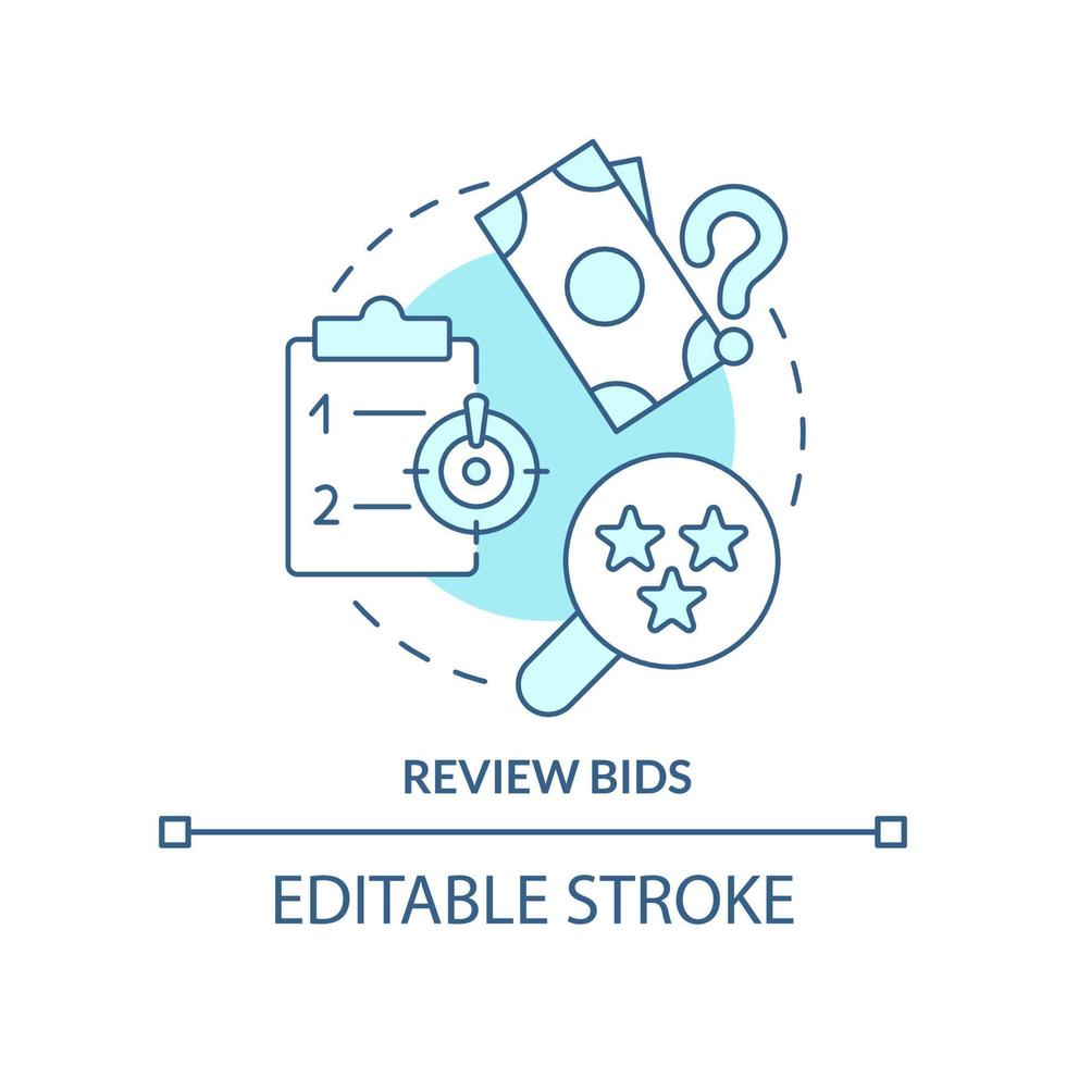 Review bids turquoise concept icon. Procurement management abstract idea thin line illustration. Preliminary examination. Isolated outline drawing. Editable stroke. vector