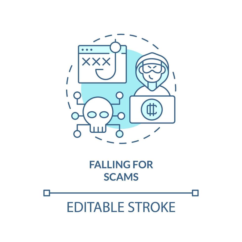 Falling for scams turquoise concept icon. Beware of frauds. Common crypto mistake abstract idea thin line illustration. Isolated outline drawing. Editable stroke. vector