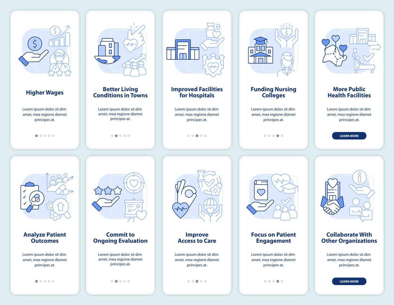 Conjunto de pantalla de aplicación móvil de incorporación azul claro de reforma del sistema de salud. tutorial 5 pasos instrucciones gráficas editables con conceptos lineales. interfaz de usuario, ux, plantilla de interfaz gráfica de usuario. vector