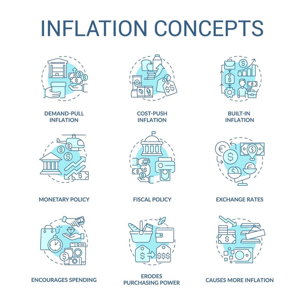 Inflation turquoise concept icons set. Increasing prices. Purchasing power idea thin line color illustrations. Isolated symbols. Editable stroke. vector