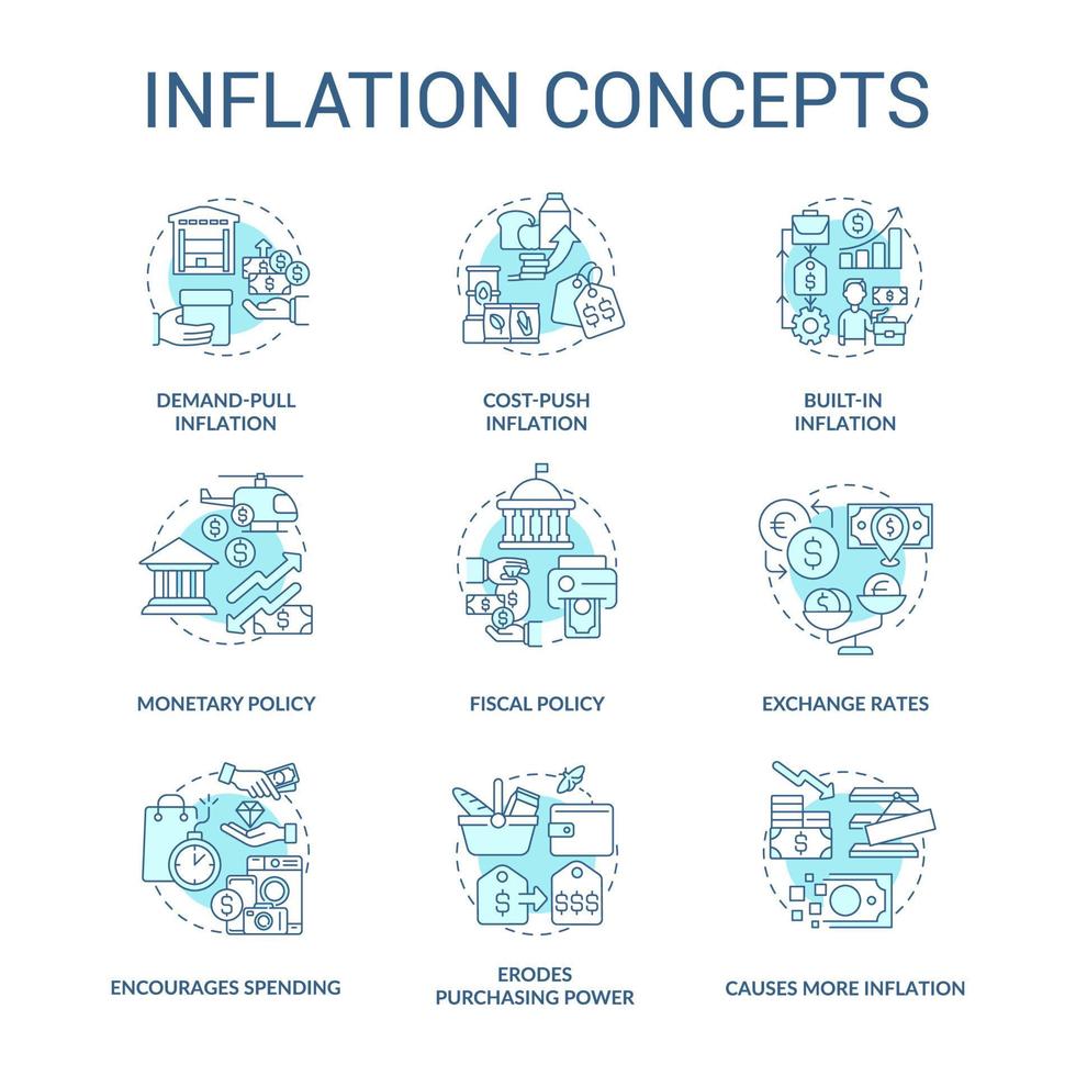 conjunto de iconos de concepto turquesa de inflación. aumentando los precios. idea de poder adquisitivo ilustraciones en color de línea delgada. símbolos aislados. trazo editable. vector