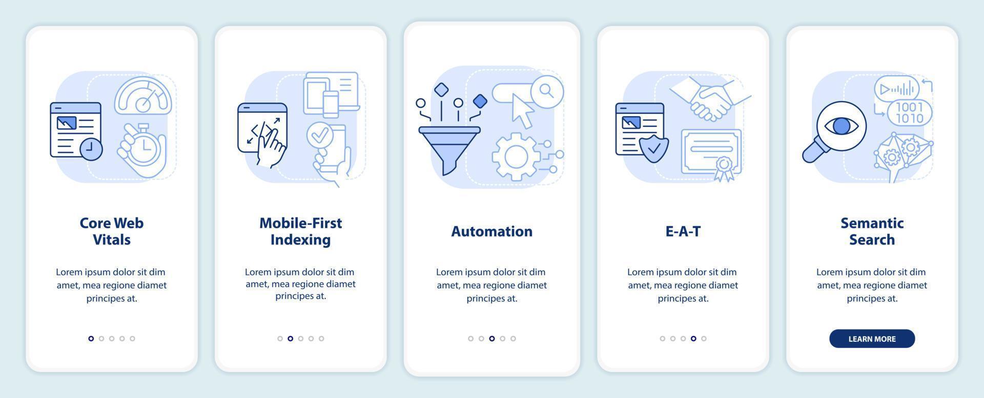 conceptos de optimización de motores de búsqueda pantalla de aplicación móvil de incorporación azul claro. tutorial 5 pasos instrucciones editables con conceptos lineales. interfaz de usuario, ux, plantilla de interfaz gráfica de usuario. vector