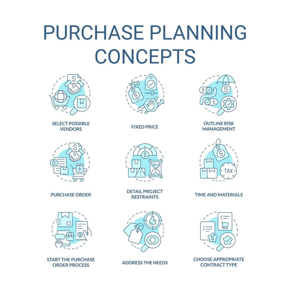 Purchase planning turquoise concept icons set. Procurement order idea thin line color illustrations. Risk management. Isolated symbols. Editable stroke. vector