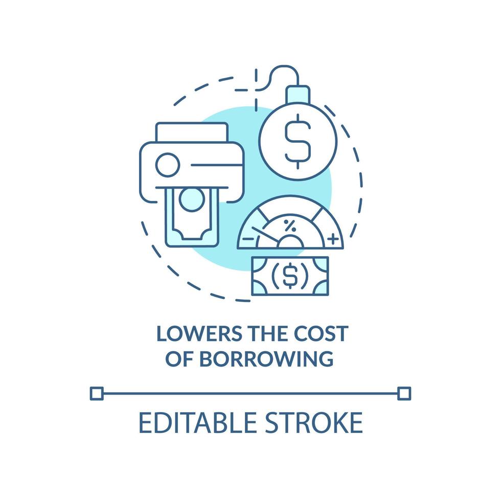 Lowers cost of borrowing turquoise concept icon. Low interest rate. Inflation effect abstract idea thin line illustration. Isolated outline drawing. Editable stroke. vector