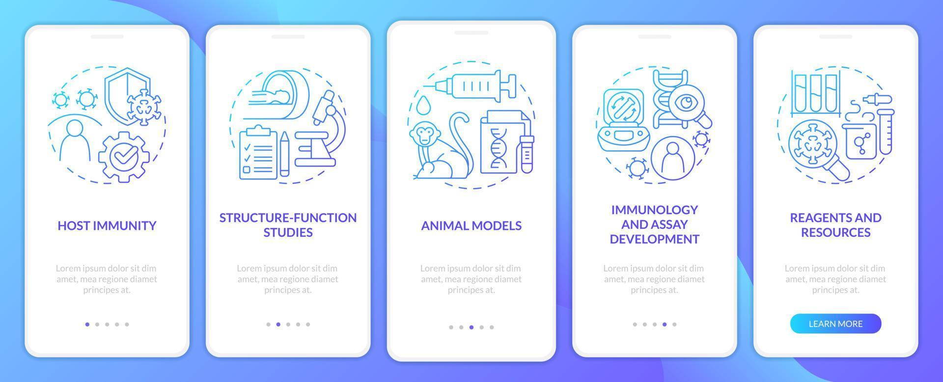 Pandemic preparedness preclinical study blue gradient onboarding mobile app screen. Walkthrough 5 steps instructions with linear concepts. UI, UX, GUI template. vector