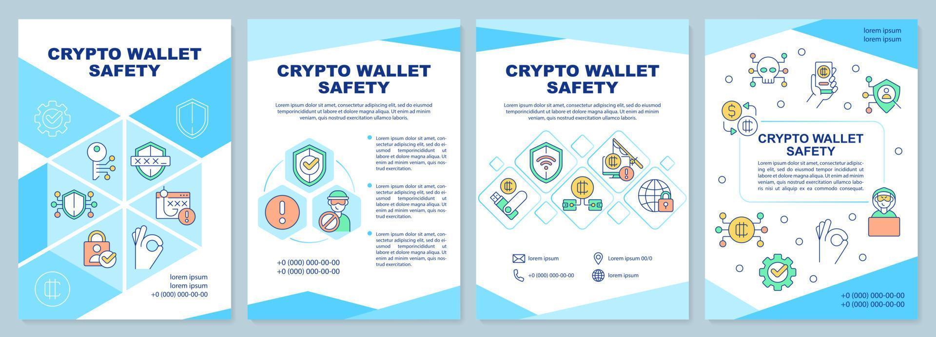 Crypto wallet safety blue brochure template. Coins storage. Leaflet design with linear icons. Editable 4 vector layouts for presentation, annual reports.