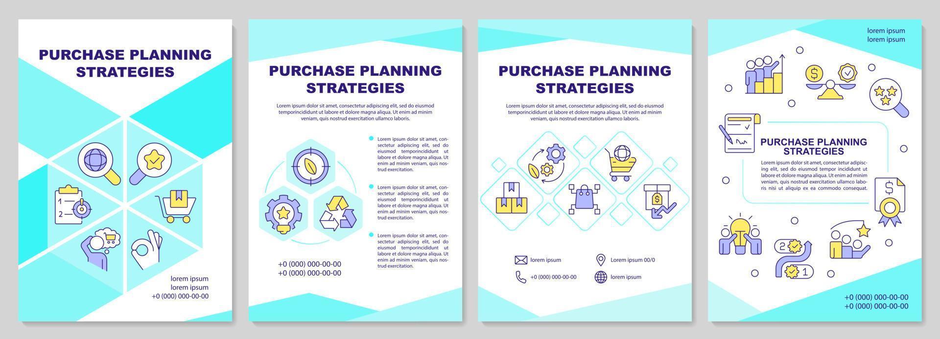 Purchase planning strategies cyan brochure template. Leaflet design with linear icons. Editable 4 vector layouts for presentation, annual reports.