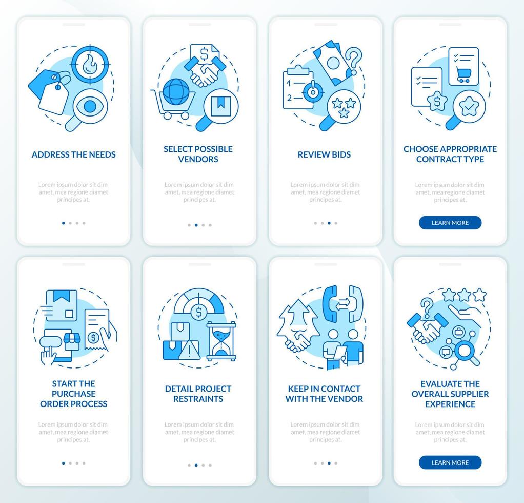 Preparing procurement plan blue onboarding mobile app screen set. Walkthrough 4 steps editable graphic instructions with linear concepts. UI, UX, GUI template. vector