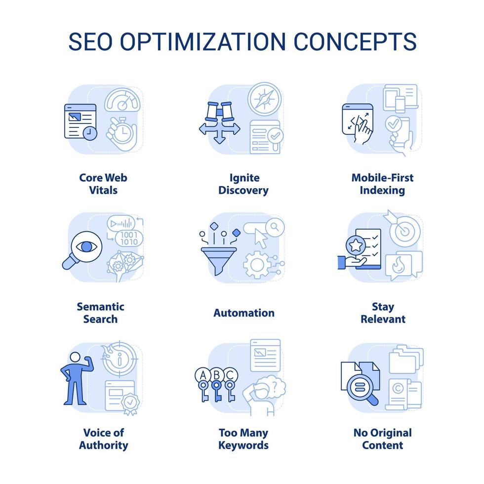 SEO optimization light blue concept icons set. Internet marketing. Website promotion idea thin line color illustrations. Isolated symbols. Editable stroke. vector