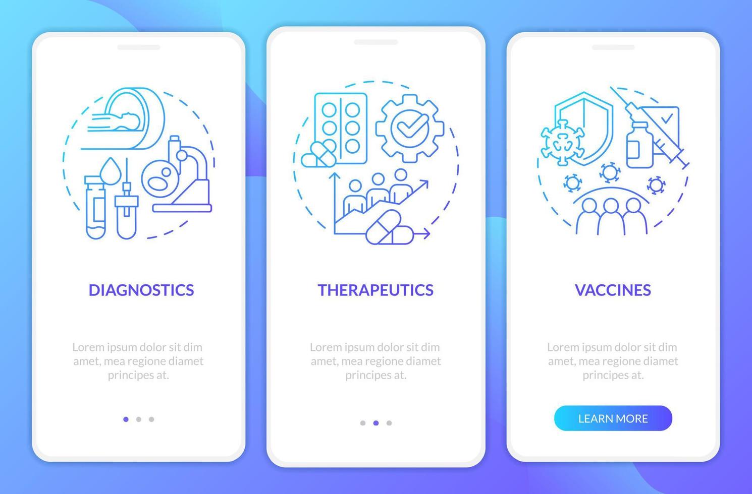 Pandemic preparedness clinical study blue gradient onboarding mobile app screen. Walkthrough 3 step graphic instructions with linear concepts. UI, UX, GUI template. vector