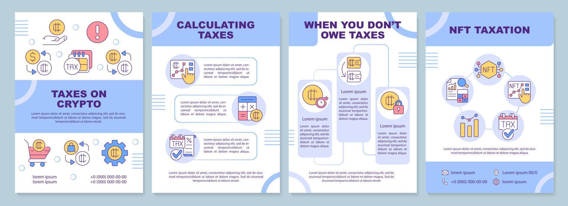 Taxation for cryptocurrency blue brochure template. Leaflet design with linear icons. Editable 4 vector layouts for presentation, annual reports.