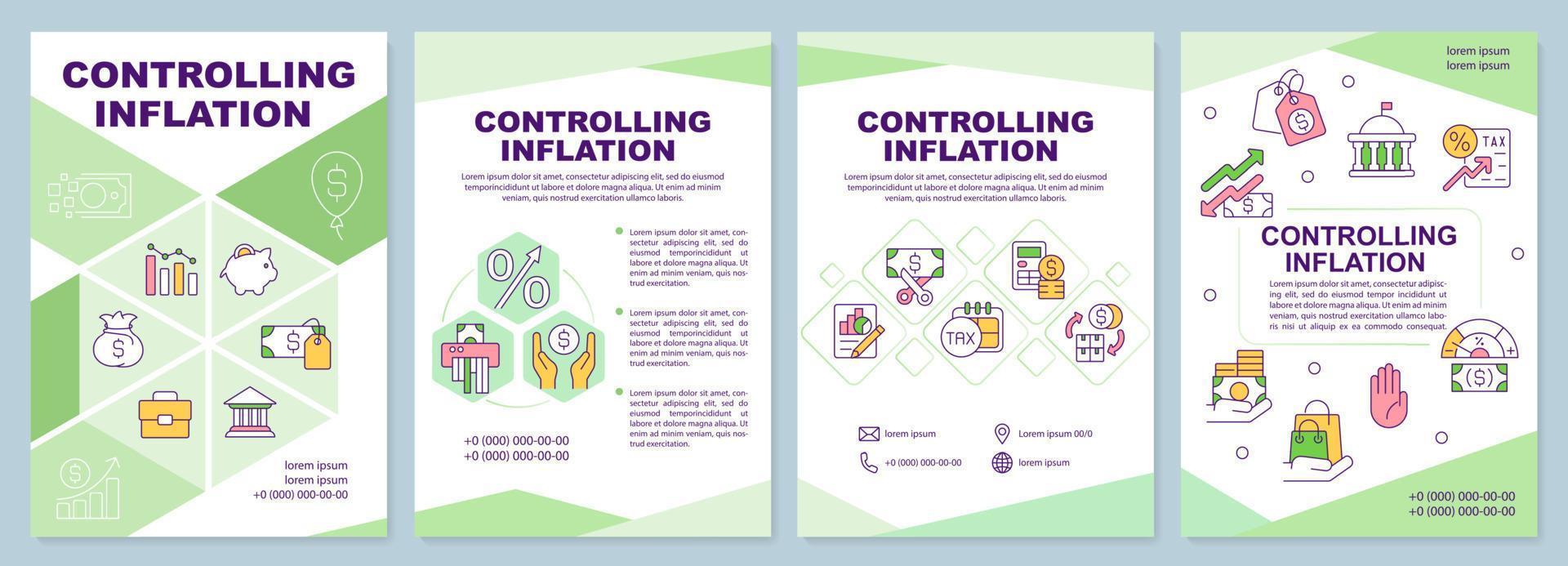 Controlling inflation green brochure template. Leaflet design with linear icons. Editable 4 vector layouts for presentation, annual reports.