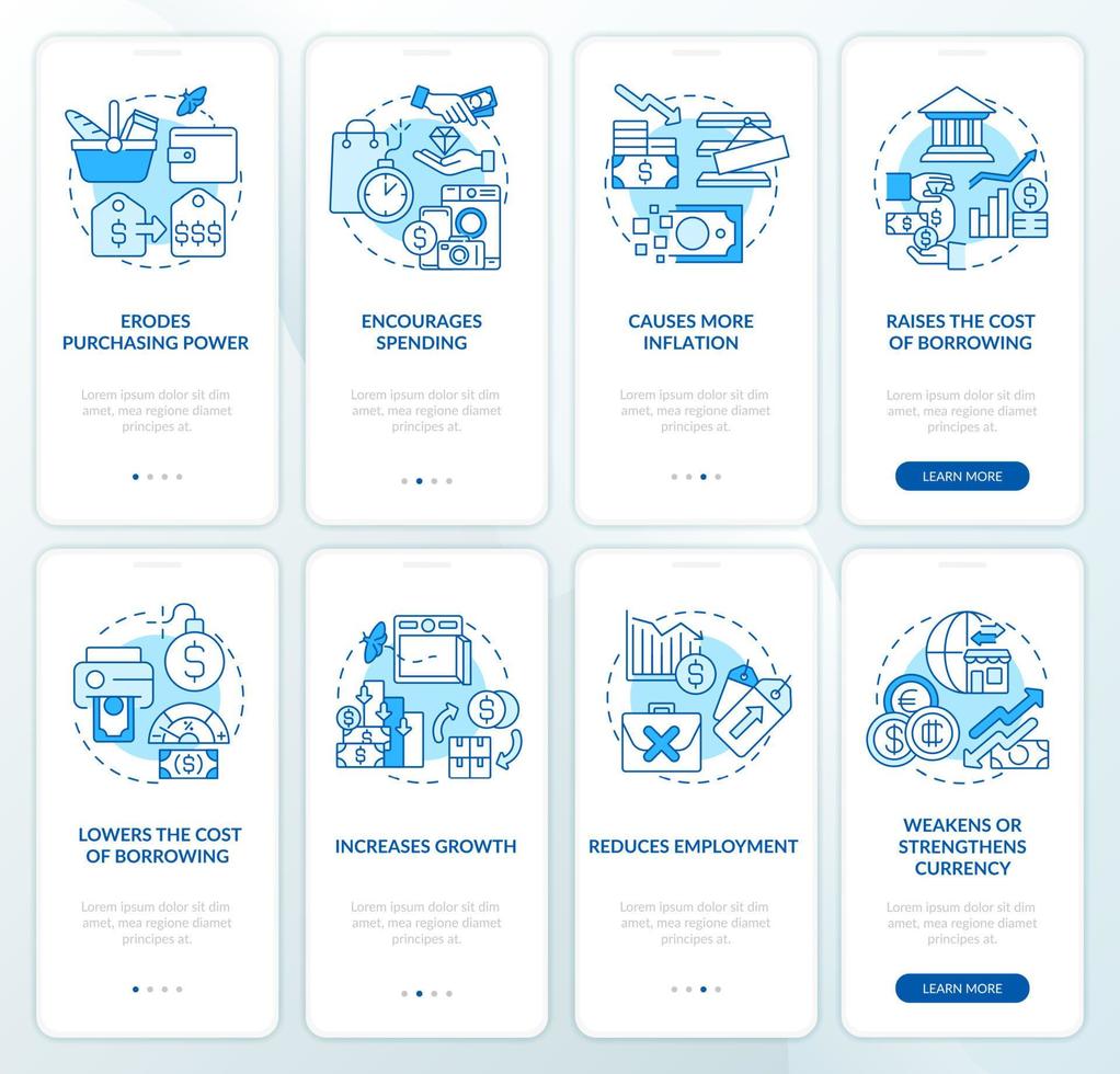 Inflation consequences blue onboarding mobile app screen set. Walkthrough 4 steps editable graphic instructions with linear concepts. UI, UX, GUI template. vector