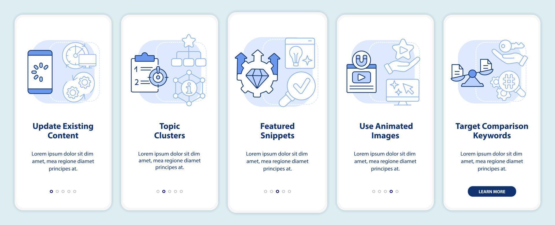 Advanced SEO techniques light blue onboarding mobile app screen. Walkthrough 5 steps editable graphic instructions with linear concepts. UI, UX, GUI template. vector