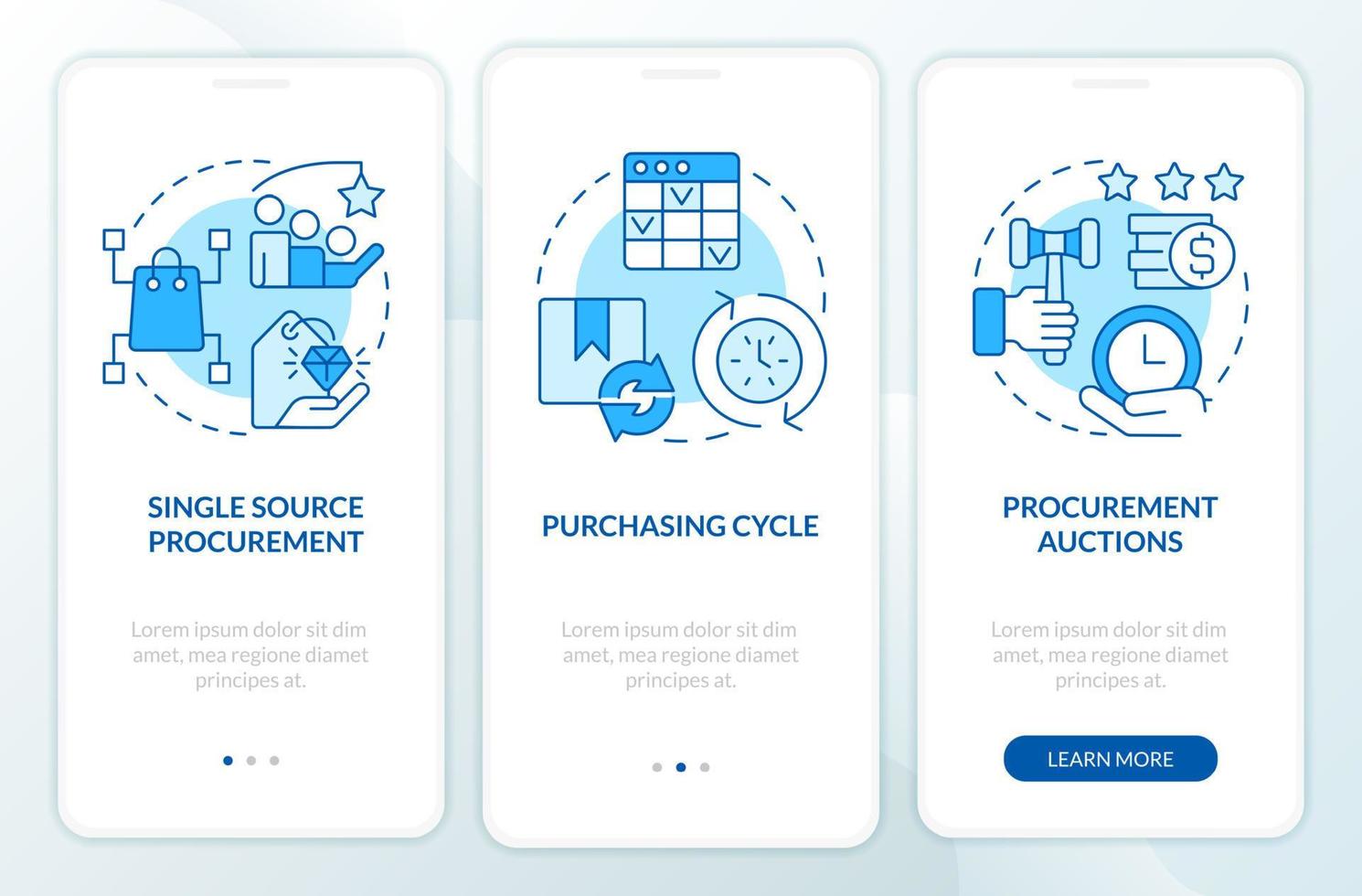 Examples of procurement process blue onboarding mobile app screen. Walkthrough 3 steps editable graphic instructions with linear concepts. UI, UX, GUI template. vector
