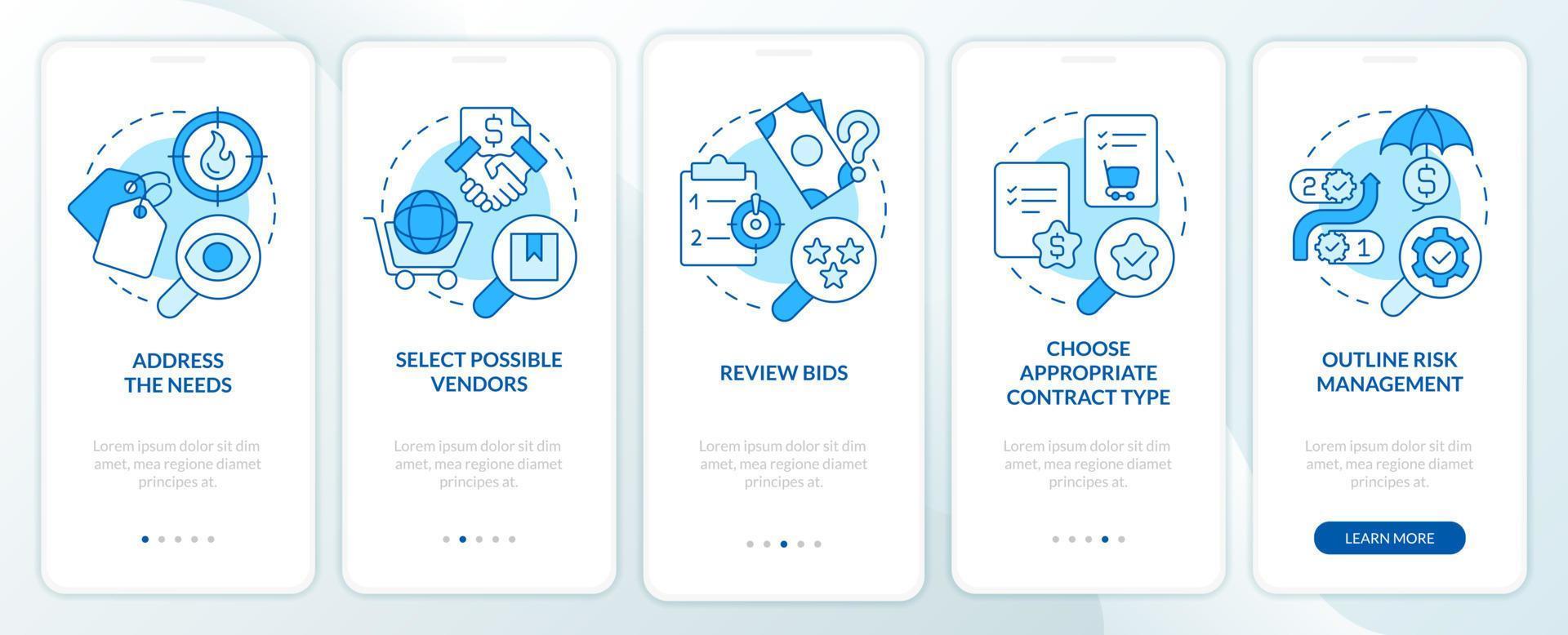 Basic procurement steps blue onboarding mobile app screen. Walkthrough 5 steps editable graphic instructions with linear concepts. UI, UX, GUI template. vector
