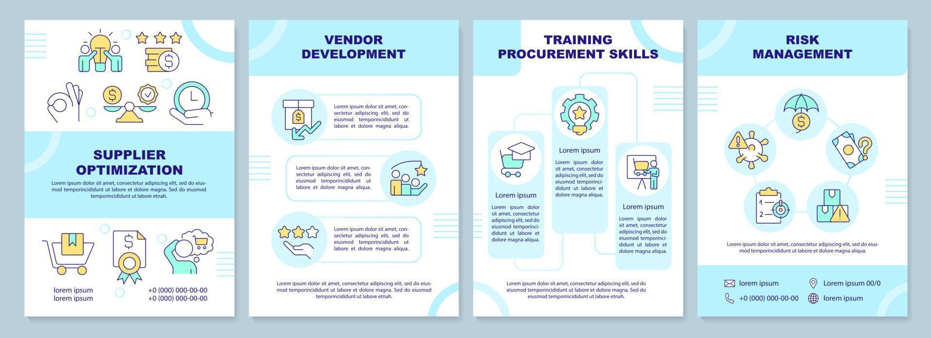 Sourcing strategies in procurement blue brochure template. Leaflet design with linear icons. Editable 4 vector layouts for presentation, annual reports.
