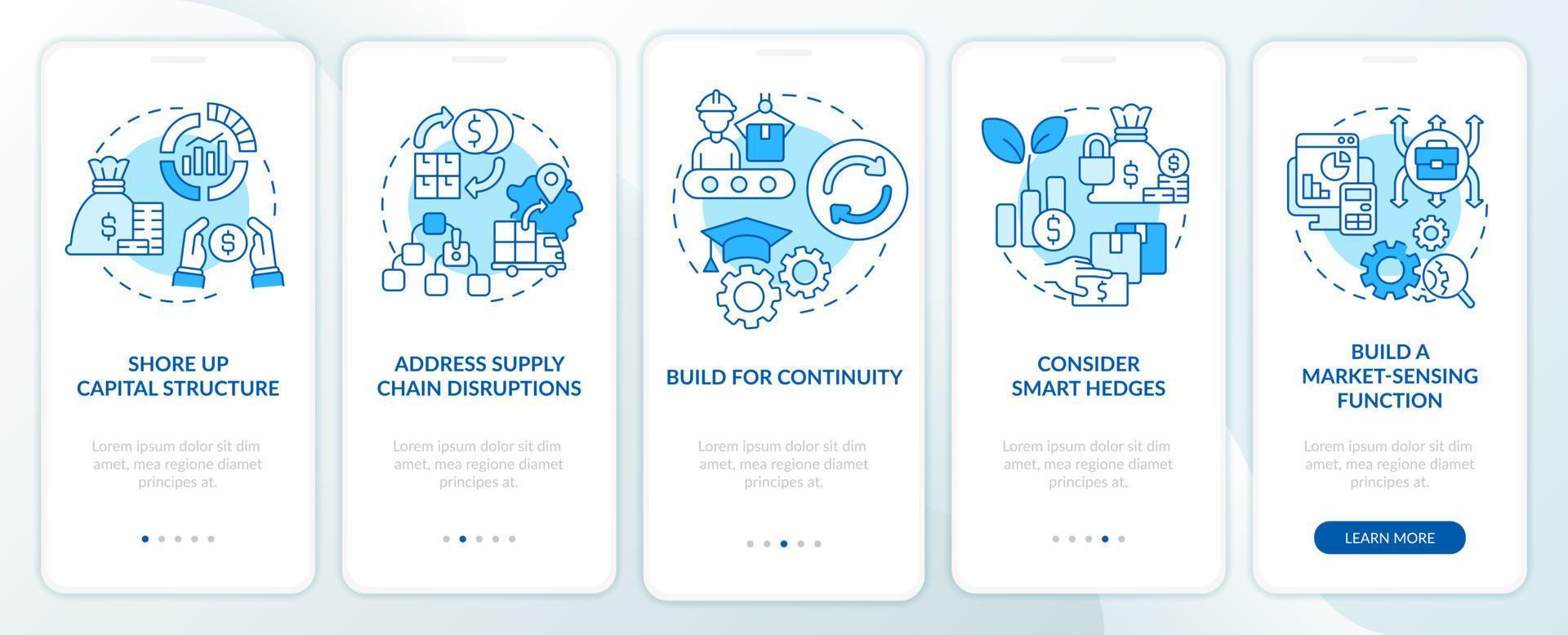 Dealing with inflation in business blue onboarding mobile app screen. Walkthrough 5 steps editable graphic instructions with linear concepts. UI, UX, GUI template. vector