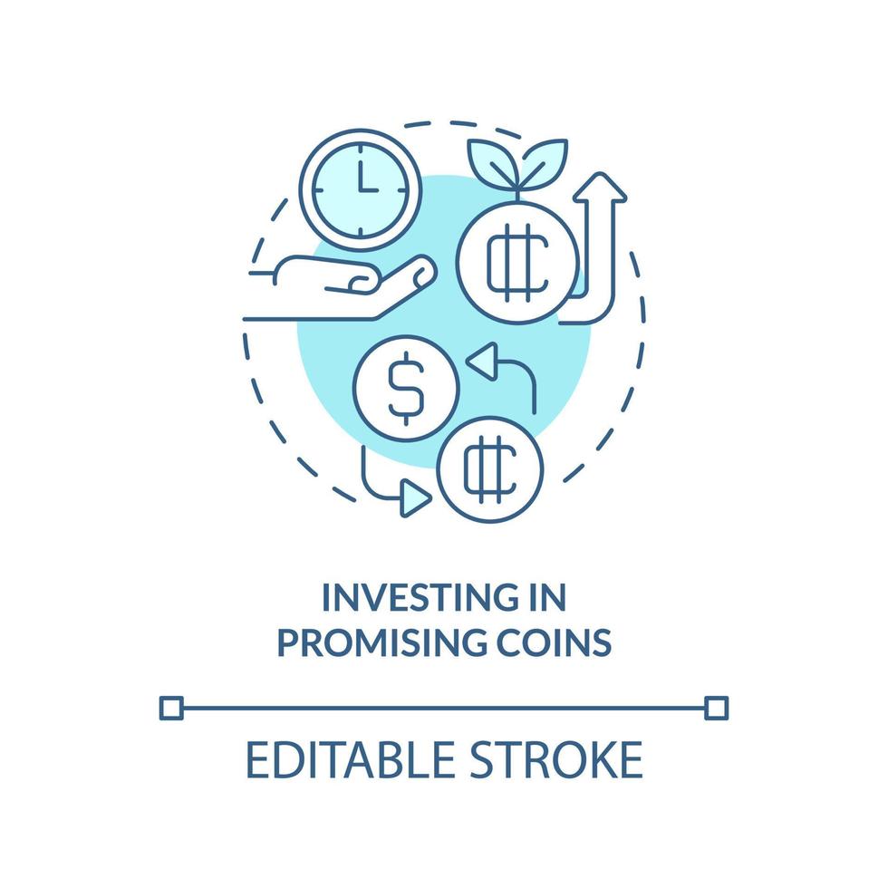 Investing in promising coins turquoise concept icon. Way to make money on crypto abstract idea thin line illustration. Isolated outline drawing. Editable stroke. vector