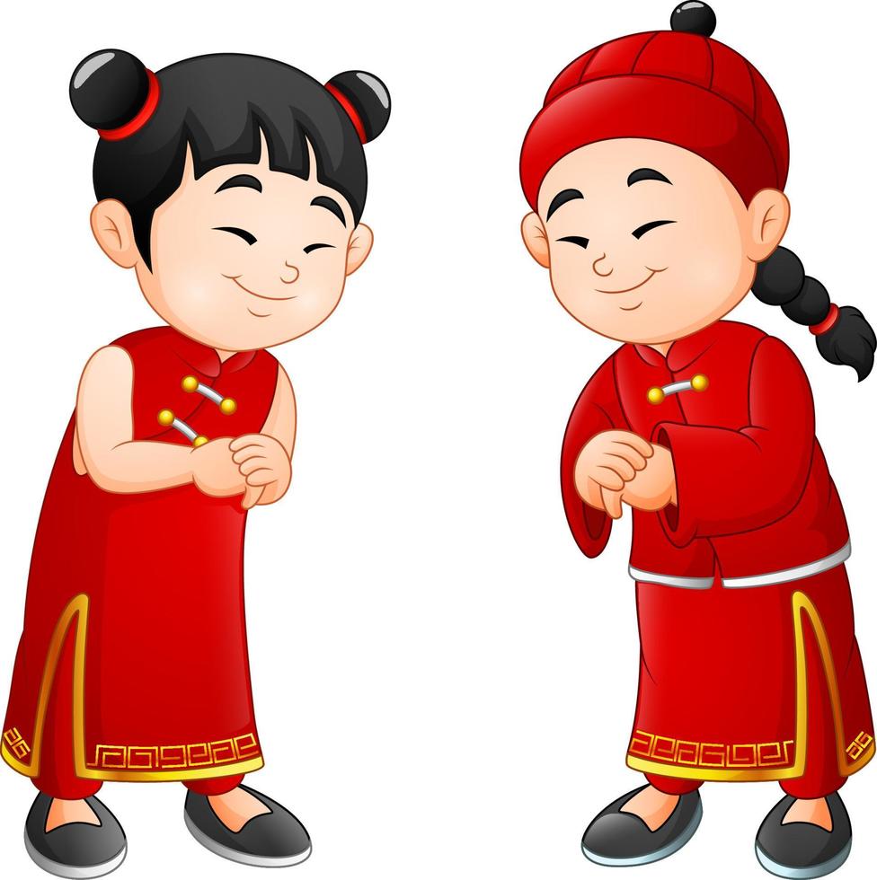 Cartoon cute boy and girl in chinese costume vector